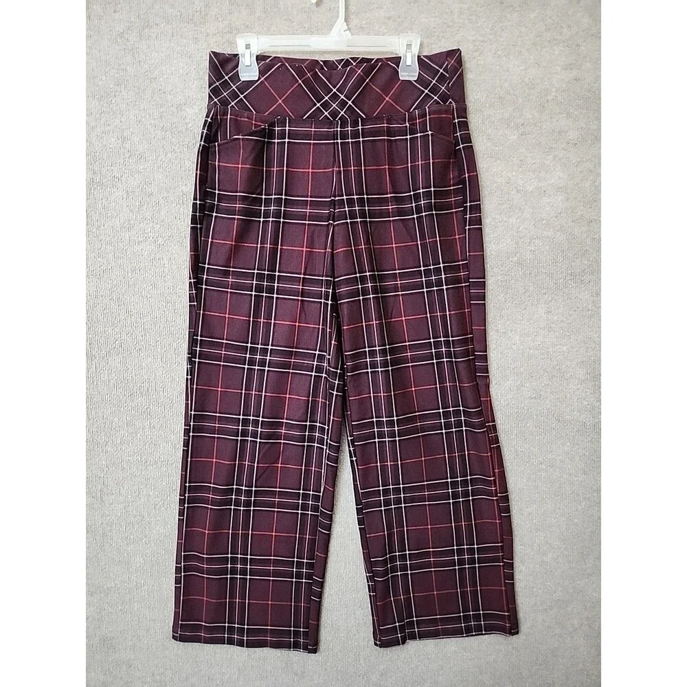 Torrid Pull On Pixie Wide Leg Ponte Knit Pants Women 00 US 10 Red Wine Plaid NEW